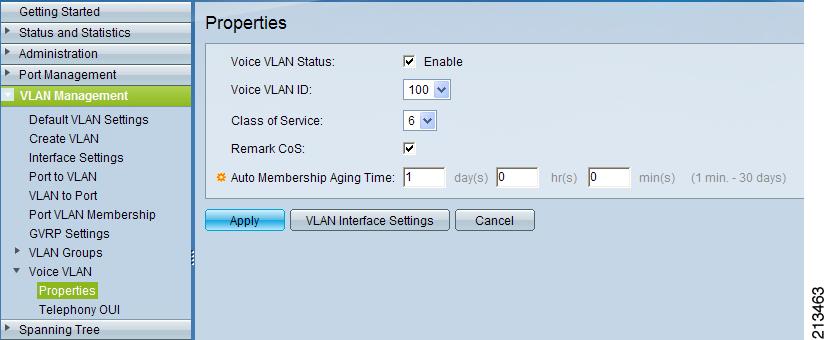 Check Enable for Voice VLAN Status, and select the VLAN ID 100 in the drop-down menu for Voice VLAN ID. In the drop-down menu for Class of Service, select 6, and check Remark CoS.