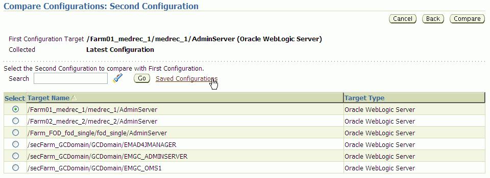 4. Select the saved comparison labeled Gold Configuration for Production WebLogic Server and click the Compare button.