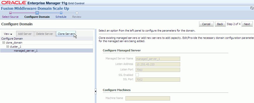 5. Select the newly added managed server within the tree (labeled Managed_Server1 ) and on the right hand side of the console, specify the following information, and then click the Next button.