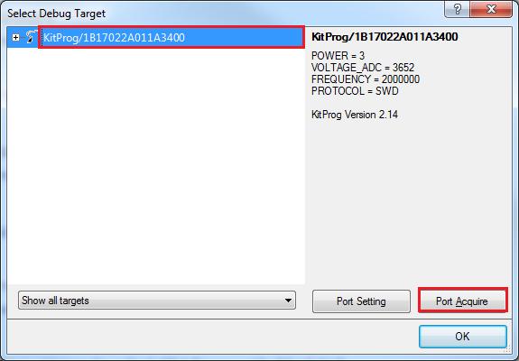 Figure 4-4. Program Device in PSoC Creator 9. If the device is not yet acquired, PSoC Creator will open the programming window.