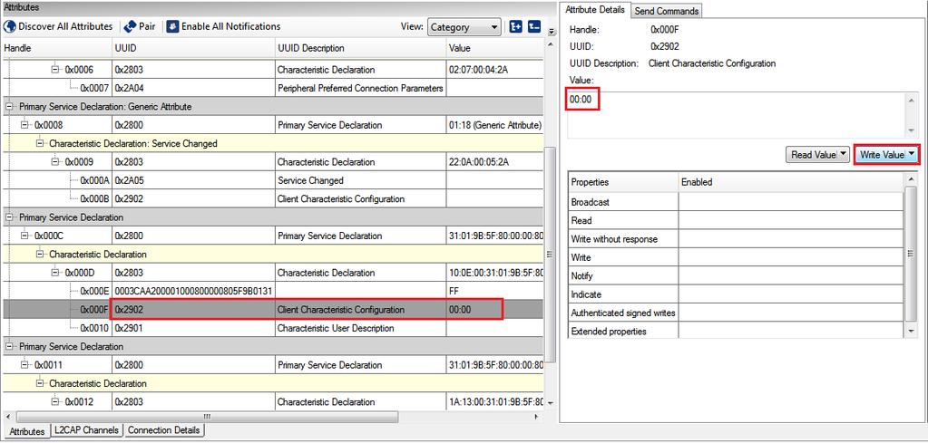 CapSense Slider Notification Received 14.To disable notifications, modify the Value field of the Client Characteristic Configuration descriptor to '00:00' and click Write Value. Figure 4-20.
