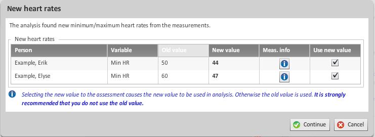 Typically the program will inform you that some new heart rate values were found in the measurement. The new values for each group member are listed in the table that opens up.