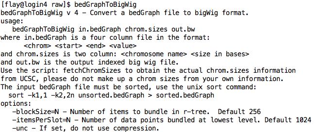 UCSC Tools:bedGraphToBigWig # Convert bedgraph to bigwig file #Input bedgraph must be sorted