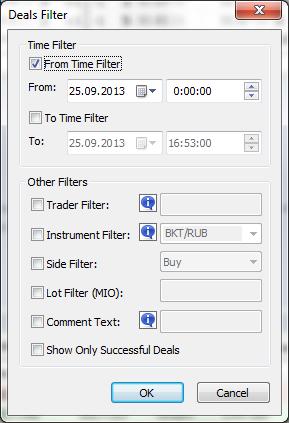 Filters button is used to sort orders by preferences set by user. Time filter: From time filter time filter that allows to see deals that were made precisely after stated time.