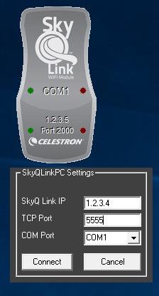 Change the TCP Port to 2000. The Original SkyQ, the predecessor to SkyPortal, used port 5555. Change the COM Port to an unused COM Port number for your system. Press Connect.