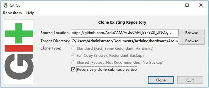 com Start Git GUI and run through the following steps: Select Clone Existing Repository: Figure 4 Select Clone Existing Repository Select source and destination: Source Location: