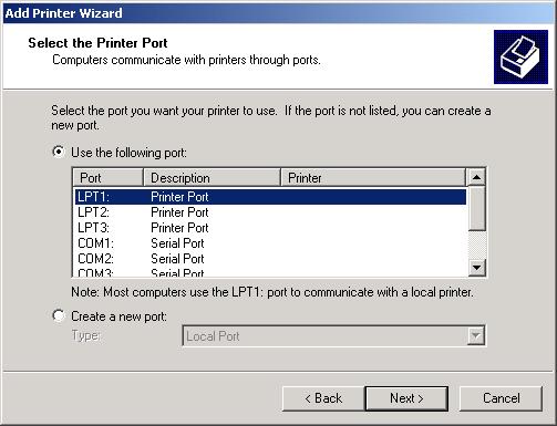 5 Select the printer port or ports you want to use, then click Next >.