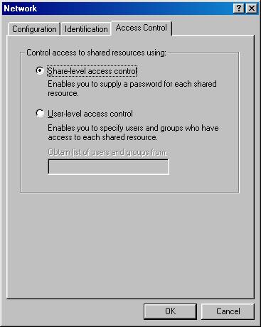 7 Select the Access Control tab and check either Share-level Access Control or Userlevel Access