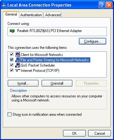 5 Select File and Printer Sharing for Microsoft Networks, then click OK.