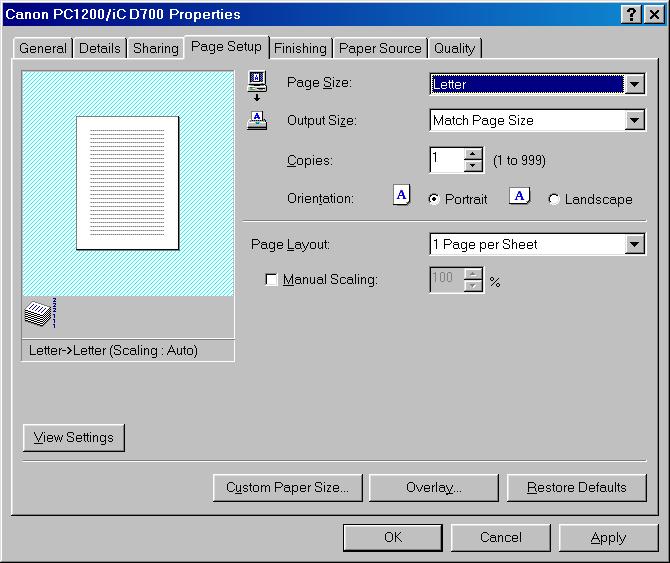 Page Setup Tab Specifies paper size, scaling, number of copies, orientation, and pages per sheet. 3 Printer Properties Default settings depend on the country/region of purchase.