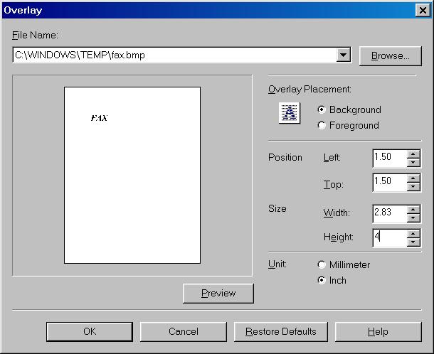 Setting Overlay To make settings for overlay printing click Overlay... on the Page Setup tab. The Overlay dialog box appears. Use Browse to select the file that contains the overlay data.
