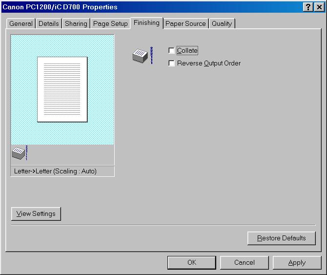 Finishing Tab Specifies how final output is collated and printing pages in reverse output order.