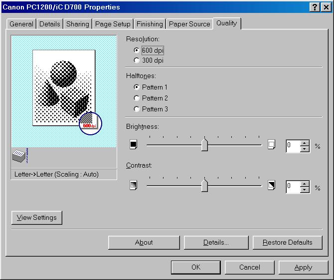 Quality Tab Specifies the resolution, halftoning method, brightness, and contrast settings. 3 Printer Properties Resolution lets you specify the printer s resolution in dots per inch (600,300).