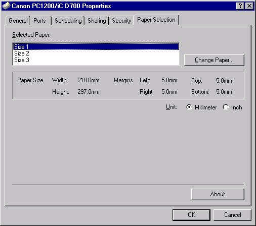 Paper Selection Tab This printer driver supports three custom paper sizes.