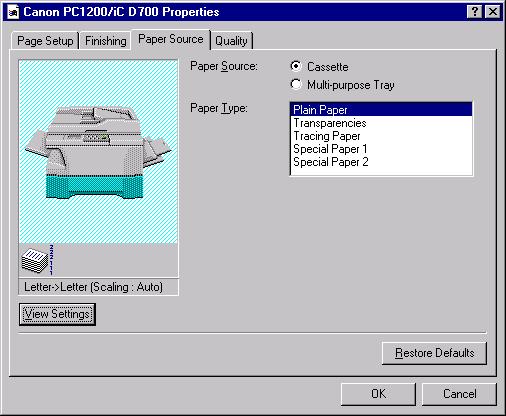 Paper Source Tab Specifies the paper source and paper type settings. 3 Paper Source lets you specify paper feed method. Select from Cassette or Multi-purpose Tray.