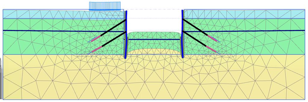 DRY EXCAVATION USING A TIE BACK WALL Figure 3.20 Deformed mesh (scaled up 50.0 times) - Final phase that there are stress concentrations around the grout anchors. Figure 3.21 Principal effective stresses (final stage) Figure 3.