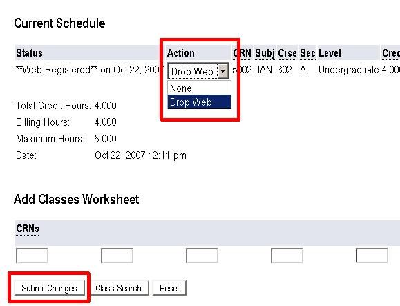To register for the class from the Class Search window, click on the checkbox (a check will show in the box) under Select next to the CRN and then click on Register.