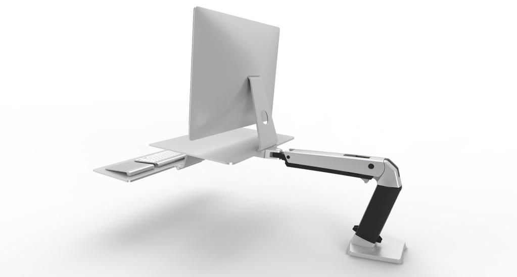 aluminum look and feel Keyboard tray that will drop below the desk surface Desk clamp and grommet mount standard with product Attaches to surface thickness