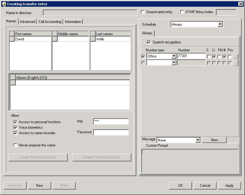 Next, select File New Transfer Entry from the menu options. The Creating transfer entry window is displayed as shown in Figure 18.