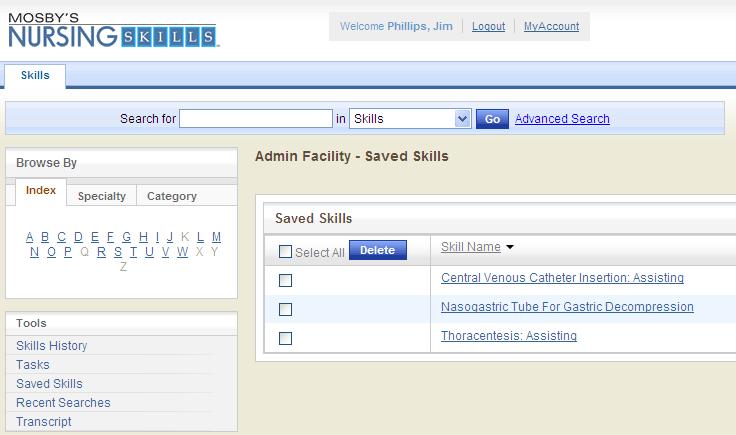 Saved Skills Saved Skills lists the skills you have chosen to save by clicking Add to my Saved Skills at the top right corner of every Skill.