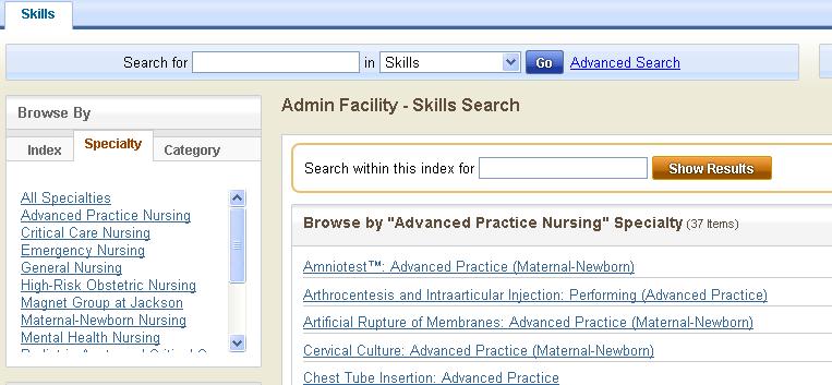 To display a list of skills by specialty simply click