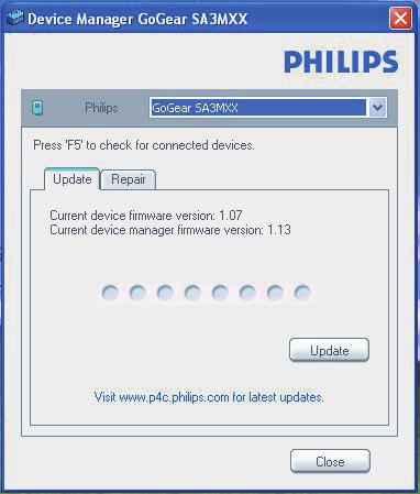 6 Update the firmware through Philips Device Manager 2 Launch Philips Device Manager. A dialog box is displayed. 3 Connect MINIDOT/FITDOT to your PC.