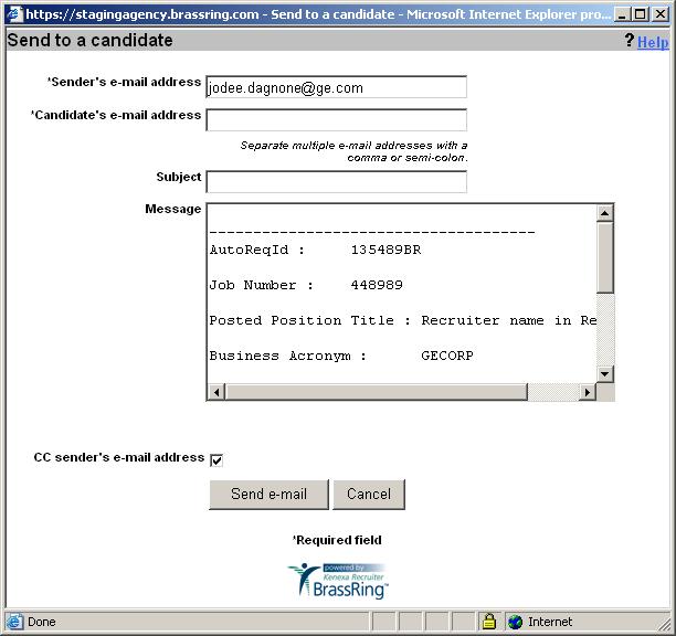 GE Agency Manager Sending Job Seeker Job Details If you selected Send to a candidate, this window will appear.
