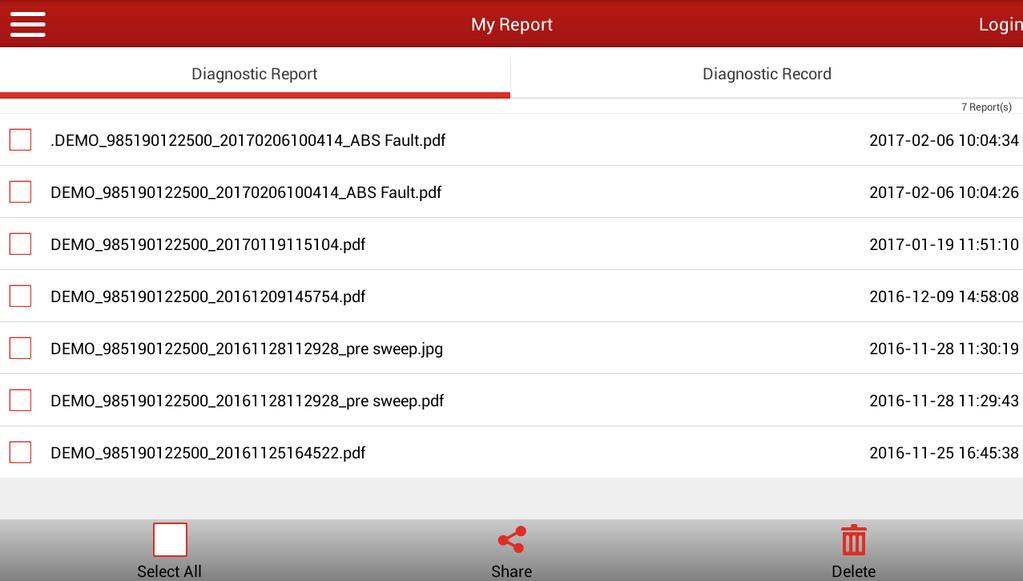 4.3 My Reports My Reports will give you access to any Diagnostic Reports that you have saved. From here you can share, print, read or delete a report.