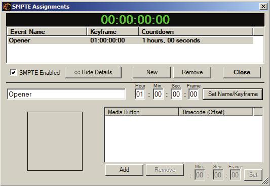 9.3.2 Assigning Media Buttons to Timecode To assign a Media Button to SMPTE/LTC Timecode, click on the NEW button. This expands the SMPTE Scheduler window and shows the assignment details area.
