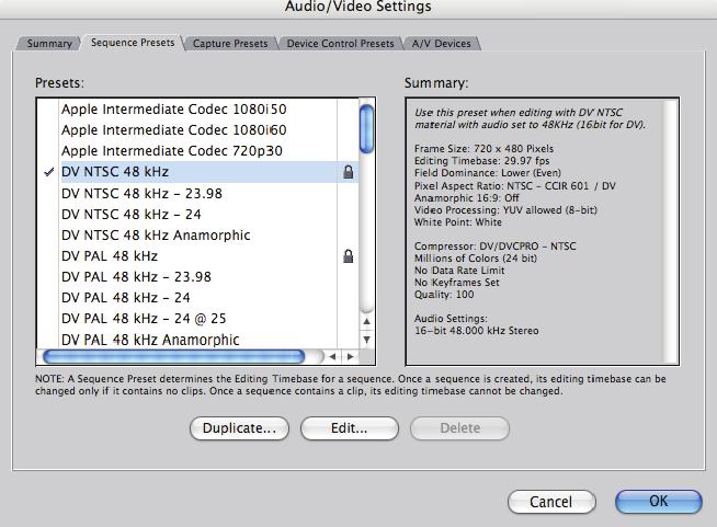 5. Verify that your Sequence Presets are set