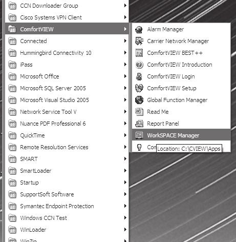14 Start Workspace Manager 14. From chiller display page, select File tab at the top of the screen, then select Open WorkSPACE (Fig. 15). Fig. 15 Select Open Workspace Fig.
