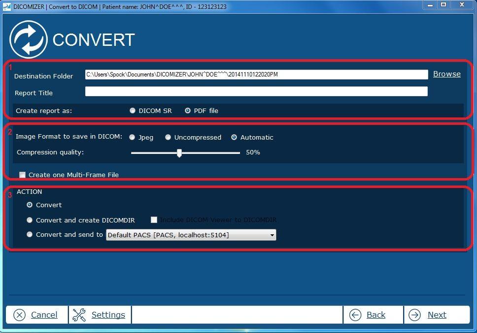 The Convert screen consists of three panels: Panel #1: Destination Folder where the converted files will be saved.