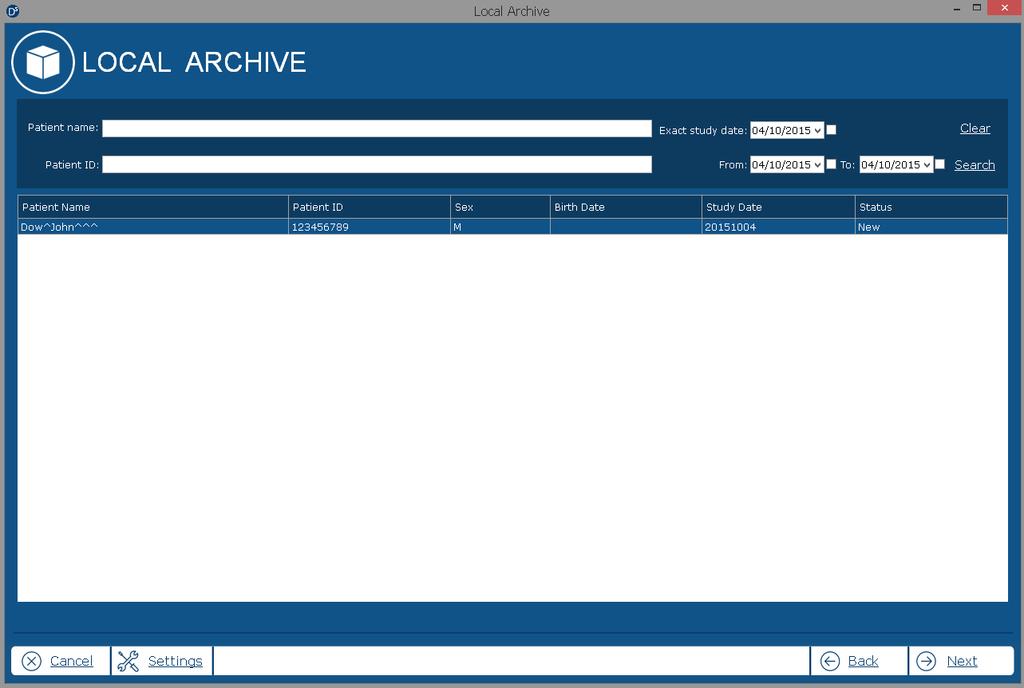 7. The Local Archive Local Archive is a built-in Compact SQL data base and hierarchically structured storage place (Root folder/study folder/series folder/dicom files).