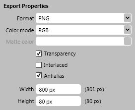 3. In the Export Properties category, specify the values from the following table. Format Color Mode Transparency Interlaced Antialias Width Height PNG RGB Active Inactive Active 800px 80px 4.