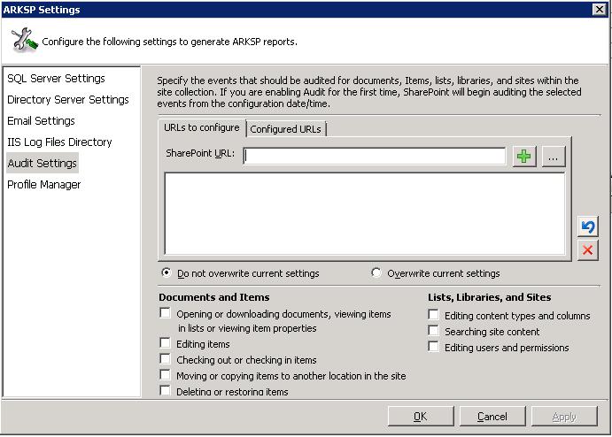 CHAPTER 2 ARKSP Reports 2.6 Audit Reports ARKSP provides Audit Reports across Site Collections and Lists. You have to enable audit settings in MOSS / WSS to view the reports in ARKSP.