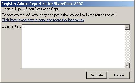 CHAPTER 1 - About Admin Report Kit for SharePoint (ARKSP) Image 1 - Activate screen Perform the following steps to activate the software: 1) Download evaluation/trial copy of software from the