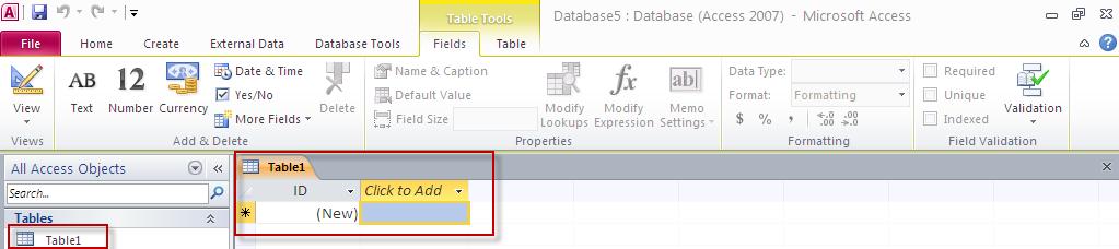 When you create a brand new database in Access, the program opens up a blank table for you to add information to.
