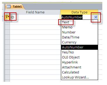 Click on the down arrow beneath the Data Type column header and choose the data type you are using for this field