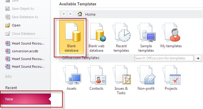 CREATE A NEW DATABASE Open Access. Choose Blank Database, located beneath the Available Templates heading.
