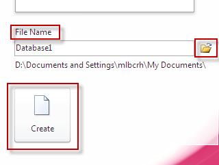 On the right side of the window, create a filename in place of the default filename (usually Database1) and
