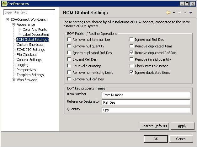 BOM Global Settings From the Preferences: EDAConnect Workbench BOM Global Settings screen you can