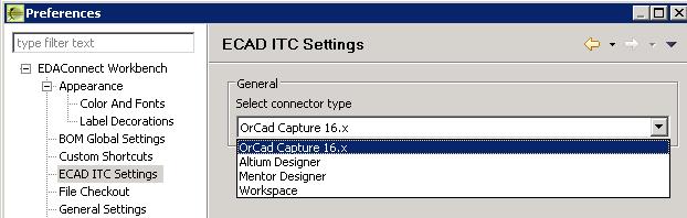 ECAD ITC Settings From the Preferences: EDAConnect Workbench ECAD ITC Settings screen you can define the connector you are