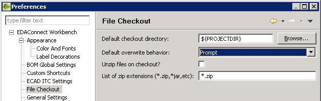 File Checkout Preferences From the Preferences: EDAConnect Workbench File Checkout screen you can define options for getting