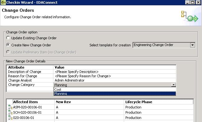 Create New Change Order This option allows you to specify attribute values for a new change order that will be created in Agile when you complete the wizard.