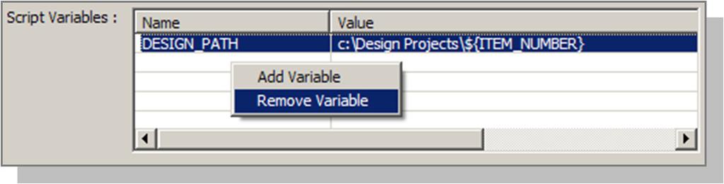 To add a variable to the Scripts Variable table 1. In the Script Source pane of the Template Editor, right-click in the whitespace of the Script Variables table and select Add Variable. 2.