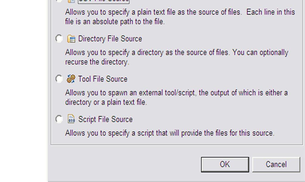 Each line in the file contains the full pathname to a file. The list of file names are filtered by the specified File Filters. Multiple CSV File Sources may be defined.
