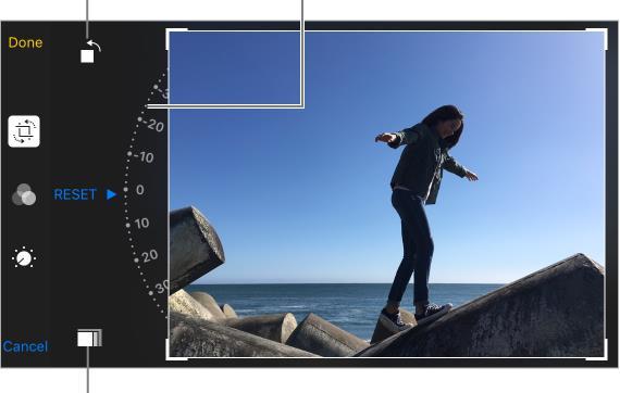 Nuotraukų redagavimas ir vaizdo įrašų apkarpymas Įprastines ir Live Photos nuotraukas galite redaguoti tiesiog savo prietaise ipod touch.