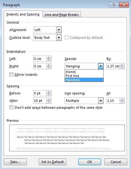 Microsoft Word 2016 Hanging Indent Hanging Indent: 1. Select the text 2. Home << Paragraph LIBRARY AND LEARNING SERVICES FORMATTING YOUR DOCUMENT www.eit.ac.