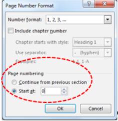 Type the Page Number you want to start at. You may want to use 0 if you set your document up with a Different first page.
